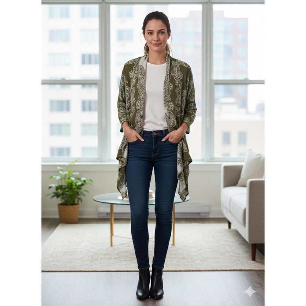 New York & Company Women's Olive Green Patterned Cardigan XS